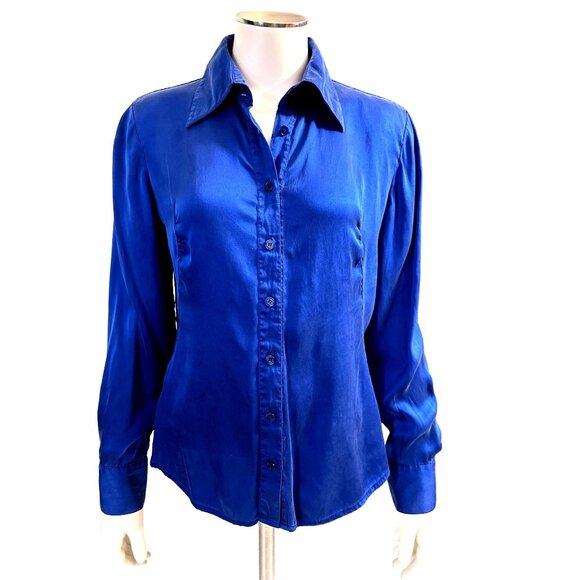 Apostrophe Petites Silk Spandex Blend Royal Blue Button Up Long Sleeve Blouse Sz - Picture 1 of 10